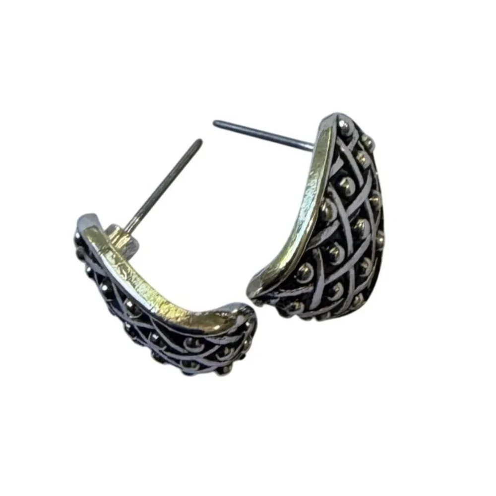 Y2K Silver Tone Lattice Textured Half Hoop Earrings Nickel Free‎ Hypoallergenic